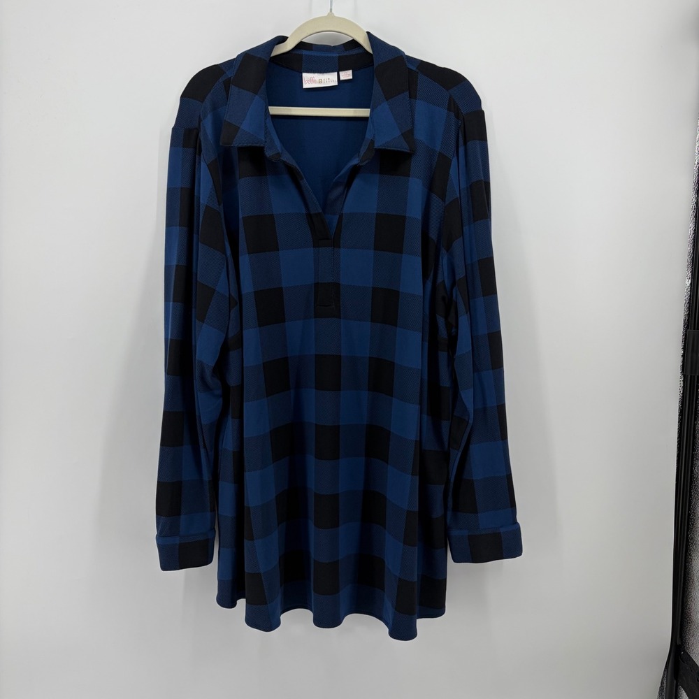 Belle by Kim Gravel Womens 2X Blue Buffalo Plaid Long Sleeve Tunic Top